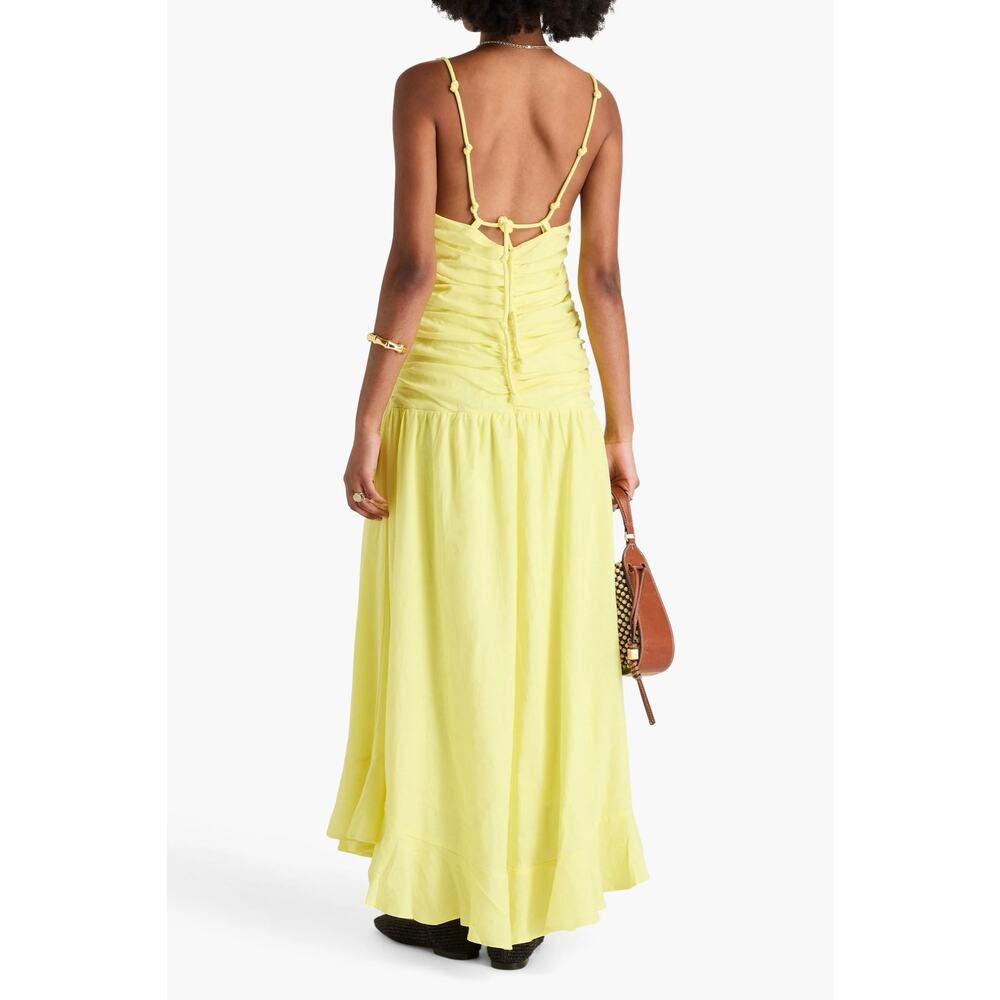 FARM Rio Yellow Ruched Cross-Over Linen-Blend Maxi Dress - Size L - Picture 3 of 13